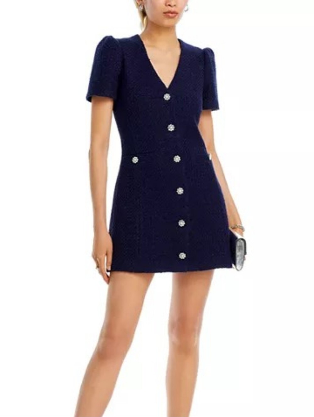 Aqua Navy Tweed Mini Dress Jeweled Button Front V-Neck Puff Sleeve Lined Medium